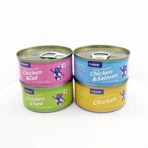 High-Promoting OEM ODM Merchandise 2024: Wholesale Cat Moist Meals – Canned Rooster, Tuna, Salmon, and Cod Meat in 85g and 170g Sizes